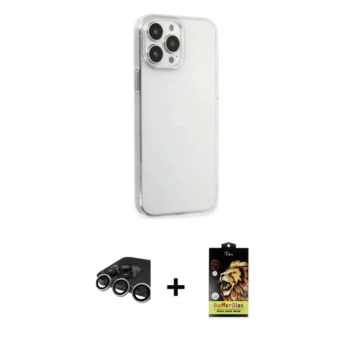 MARSİLYAN™- iPhone 15 Pro Max Kılıf Kutup Doku Koleksiyonu - Siyah Buffer Cam Ekran Koruyucu + Gümüş Raze Metal Kamera Lens