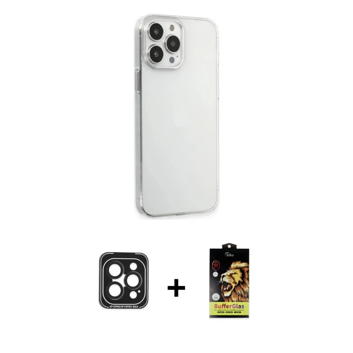 MARSİLYAN™- iPhone 15 Pro Max Kılıf Kutup Doku Koleksiyonu - Siyah Buffer Cam Ekran Koruyucu + PVD Metal Kamera Lens - SH