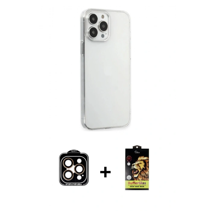 MARSİLYAN™- iPhone 15 Pro Max Kılıf Kutup Doku Koleksiyonu - Siyah Buffer Cam Ekran Koruyucu + Turuncu PVD Metal Kamera Lens