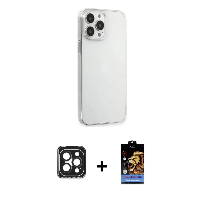 MARSİLYAN™- iPhone 15 Pro Max Kılıf Kutup Doku Koleksiyonu - Siyah Buffer Hayalet Cam Ekran Koruyucu + Siyah PVD Metal Kamera Lens