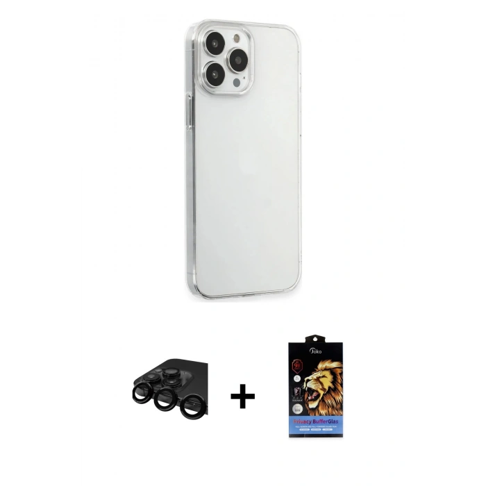 MARSİLYAN™- iPhone 15 Pro Max Kılıf Kutup Doku Koleksiyonu - Siyah Buffer Hayalet Cam Ekran Koruyucu + Raze Metal Kamera Lens - SH