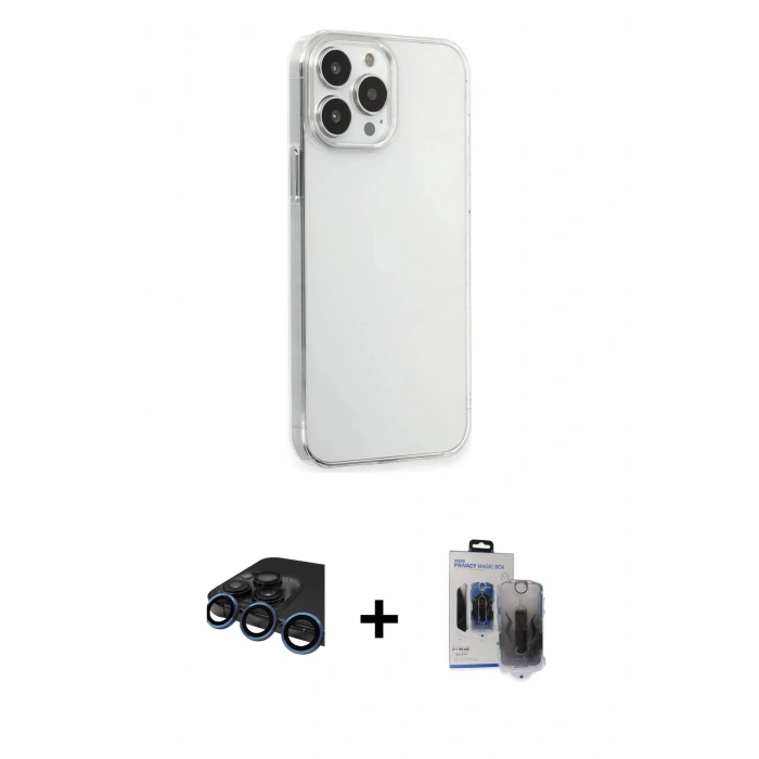 MARSİLYAN™- iPhone 15 Pro Max Kılıf Kutup Doku Koleksiyonu - Siyah Vanessa Magic Hayalet Cam + Lacivert Raze Metal Kamera Lens