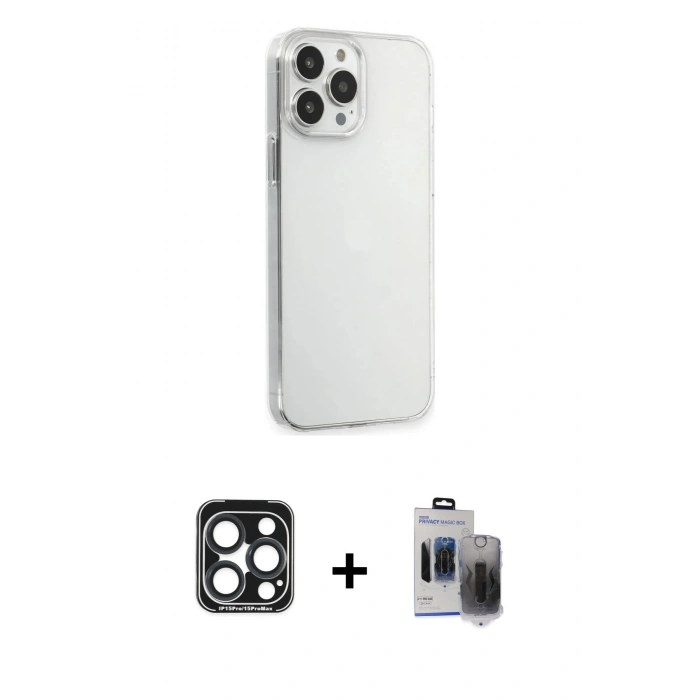 MARSİLYAN™- iPhone 15 Pro Max Kılıf Kutup Doku Koleksiyonu - Siyah Vanessa Magic Hayalet Cam + PVD Metal Kamera Lens - LT