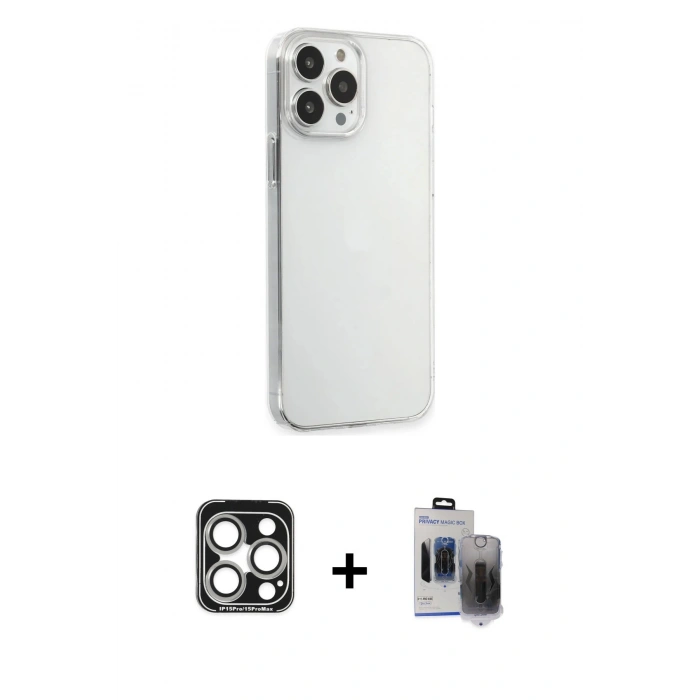 MARSİLYAN™- iPhone 15 Pro Max Kılıf Kutup Doku Koleksiyonu - Siyah Vanessa Magic Hayalet Cam + PVD Metal Kamera Lens - GS