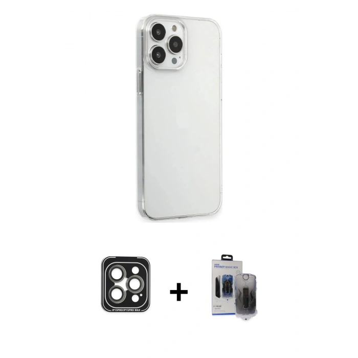 MARSİLYAN™- iPhone 15 Pro Max Kılıf Kutup Doku Koleksiyonu - Siyah Vanessa Magic Hayalet Cam + PVD Metal Kamera Lens - GI