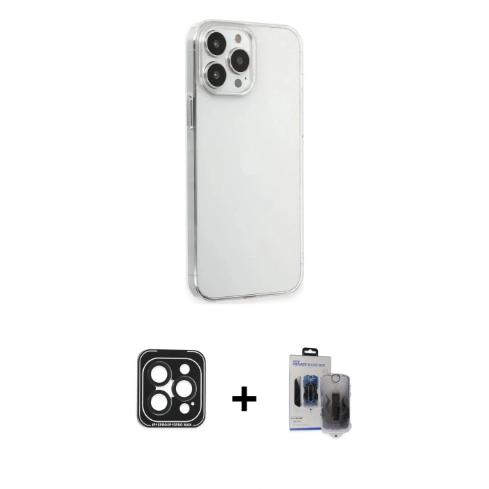 MARSİLYAN™- iPhone 15 Pro Max Kılıf Kutup Doku Koleksiyonu - Siyah Vanessa Magic Hayalet Cam + PVD Metal Kamera Lens - SH