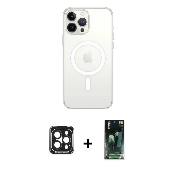 MARSİLYAN™- iPhone 15 Pro Max Kılıf Kutup Klasik Serisi - Şeffaf 360 Full Body Arka Koruyucu + PVD Metal Kamera Lens - SH