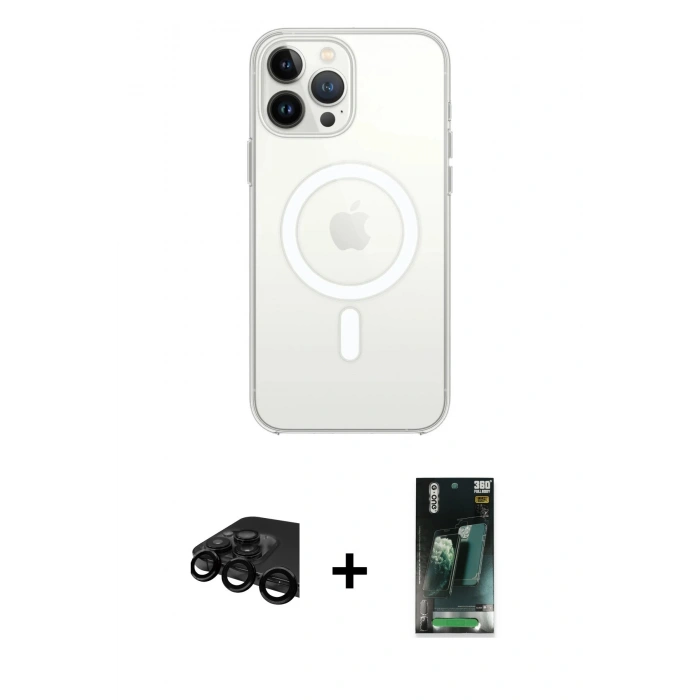MARSİLYAN™- iPhone 15 Pro Max Kılıf Kutup Klasik Serisi - Şeffaf 360 Full Body Arka Koruyucu + Raze Metal Kamera Lens - SH