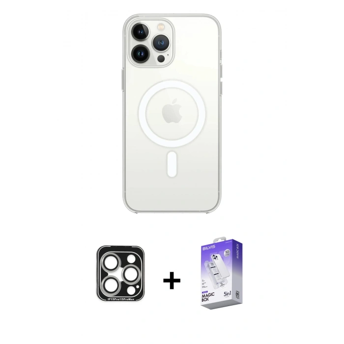 MARSİLYAN™- iPhone 15 Pro Max Kılıf Kutup Klasik Serisi - Siyah Bilvis 5in1 3D Magic Cam Ekran Koruyucu + PVD Metal Kamera Lens - GS