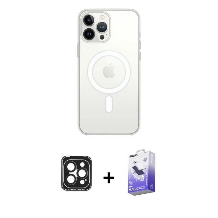 MARSİLYAN™- iPhone 15 Pro Max Kılıf Kutup Klasik Serisi - Siyah Bilvis 5in1 5D Magic Hayalet Cam Ekran Koruyucu + PVD Metal Kamera Lens - SH