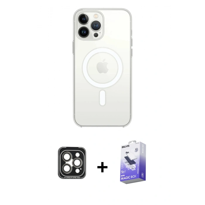 MARSİLYAN™- iPhone 15 Pro Max Kılıf Kutup Klasik Serisi - Siyah Bilvis 5in1 5D Magic Hayalet Cam Ekran Koruyucu + PVD Metal Kamera Lens - GI