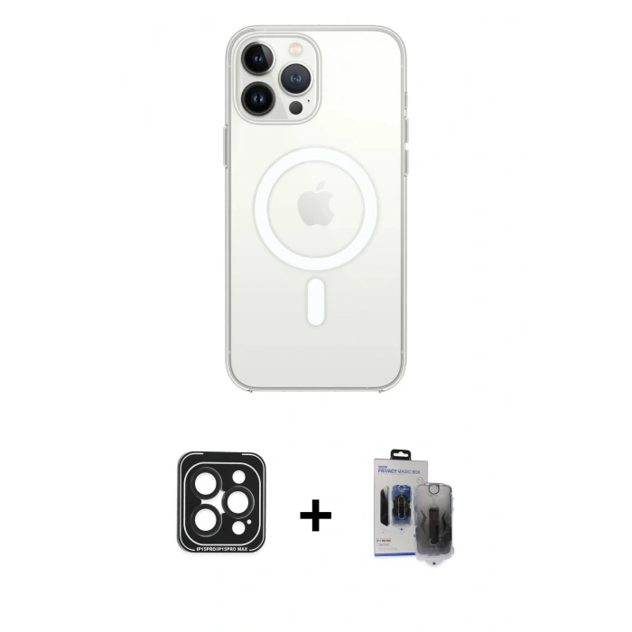MARSİLYAN™- iPhone 15 Pro Max Kılıf Kutup Klasik Serisi - Siyah Vanessa Magic Hayalet Cam + PVD Metal Kamera Lens - SH