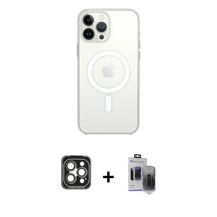 MARSİLYAN™- iPhone 15 Pro Max Kılıf Kutup Klasik Serisi - Siyah Vanessa Magic Hayalet Cam + PVD Metal Kamera Lens - GI