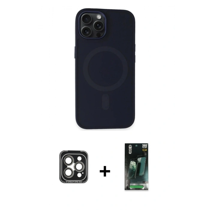 MARSİLYAN™- iPhone 15 Pro Max Kılıf Kutup Serisi - Şeffaf 360 Full Body Arka Koruyucu + PVD Metal Kamera Lens - GI