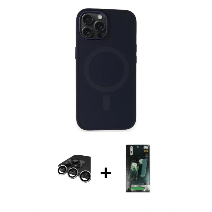 MARSİLYAN™- iPhone 15 Pro Max Kılıf Kutup Serisi - Siyah 360 Mat Full Body Arka Koruyucu + Raze Metal Kamera Lens - GS
