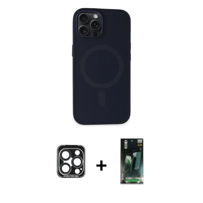 MARSİLYAN™- iPhone 15 Pro Max Kılıf Kutup Serisi - Siyah 360 Mat Full Body Arka Koruyucu + PVD Metal Kamera Lens - LT