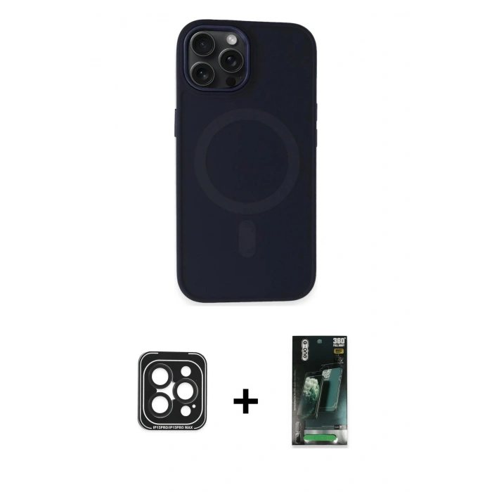 MARSİLYAN™- iPhone 15 Pro Max Kılıf Kutup Serisi - Siyah 360 Mat Full Body Arka Koruyucu + PVD Metal Kamera Lens - SH