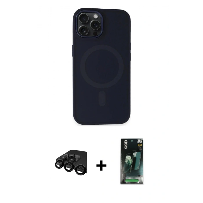 MARSİLYAN™- iPhone 15 Pro Max Kılıf Kutup Serisi - Siyah 360 Mat Full Body Arka Koruyucu + Raze Metal Kamera Lens - SH