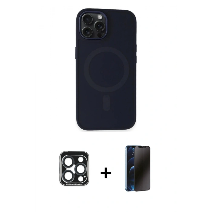 MARSİLYAN™- iPhone 15 Pro Max Kılıf Kutup Serisi - Siyah 3D Antistatik Hayalet Cam Ekran Koruyucu + PVD Metal Kamera Lens - LT