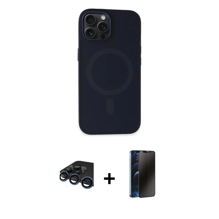 MARSİLYAN™- iPhone 15 Pro Max Kılıf Kutup Serisi - Siyah 3D Antistatik Hayalet Cam Ekran Koruyucu + Raze Metal Kamera Lens - LT