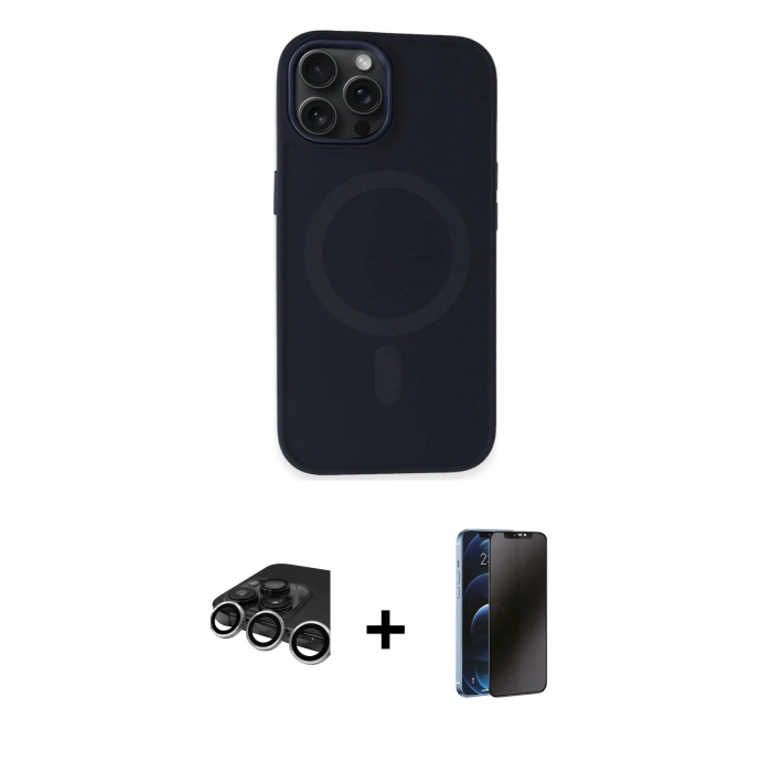 MARSİLYAN™- iPhone 15 Pro Max Kılıf Kutup Serisi - Siyah 3D Antistatik Hayalet Cam Ekran Koruyucu + Raze Metal Kamera Lens - GS