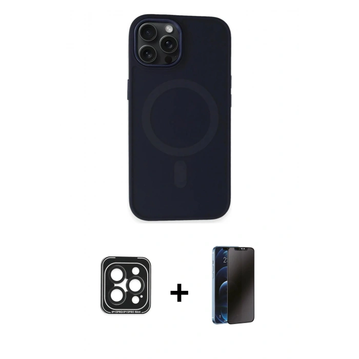 MARSİLYAN™- iPhone 15 Pro Max Kılıf Kutup Serisi - Siyah 3D Antistatik Hayalet Cam Ekran Koruyucu + PVD Metal Kamera Lens - SH
