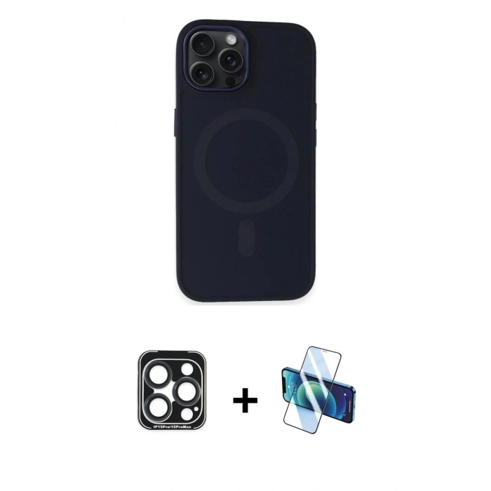 MARSİLYAN™- iPhone 15 Pro Max Kılıf Kutup Serisi - Siyah 3D Antistatik Seramik Nano Ekran Koruyucu + PVD Metal Kamera Lens - LT