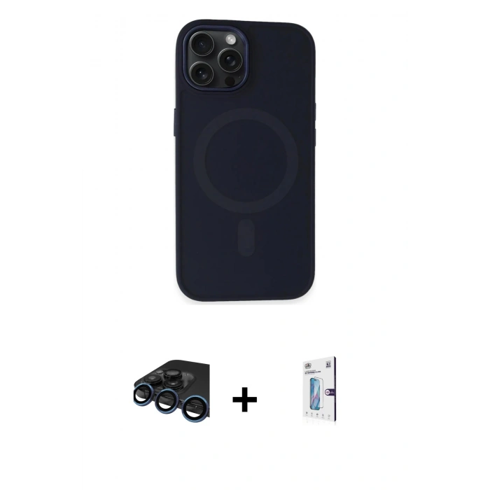 MARSİLYAN™- iPhone 15 Pro Max Kılıf Kutup Serisi - Siyah Bilvis 0.18mm Plus Cam Ekran Koruyucu + Lacivert Raze Metal Kamera Lens