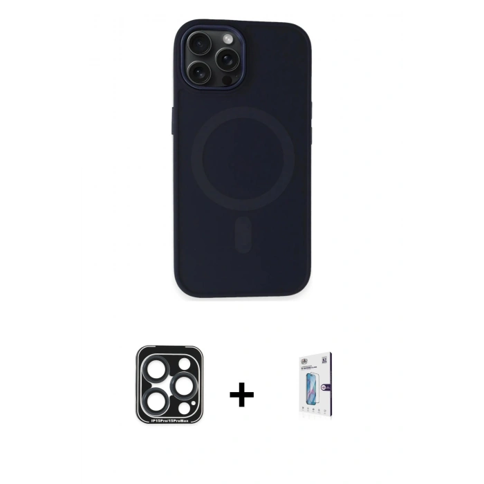 MARSİLYAN™- iPhone 15 Pro Max Kılıf Kutup Serisi - Siyah Bilvis 0.18mm Plus Cam Ekran Koruyucu + PVD Metal Kamera Lens - LT