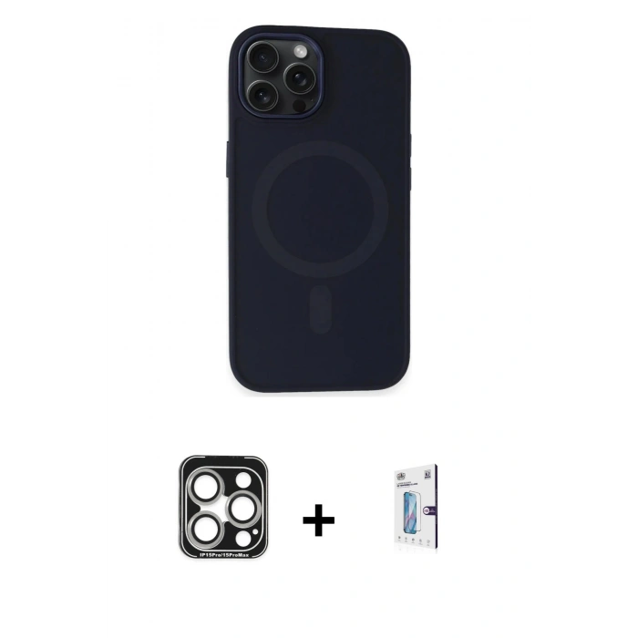 MARSİLYAN™- iPhone 15 Pro Max Kılıf Kutup Serisi - Siyah Bilvis 0.18mm Plus Cam Ekran Koruyucu + PVD Metal Kamera Lens - GS