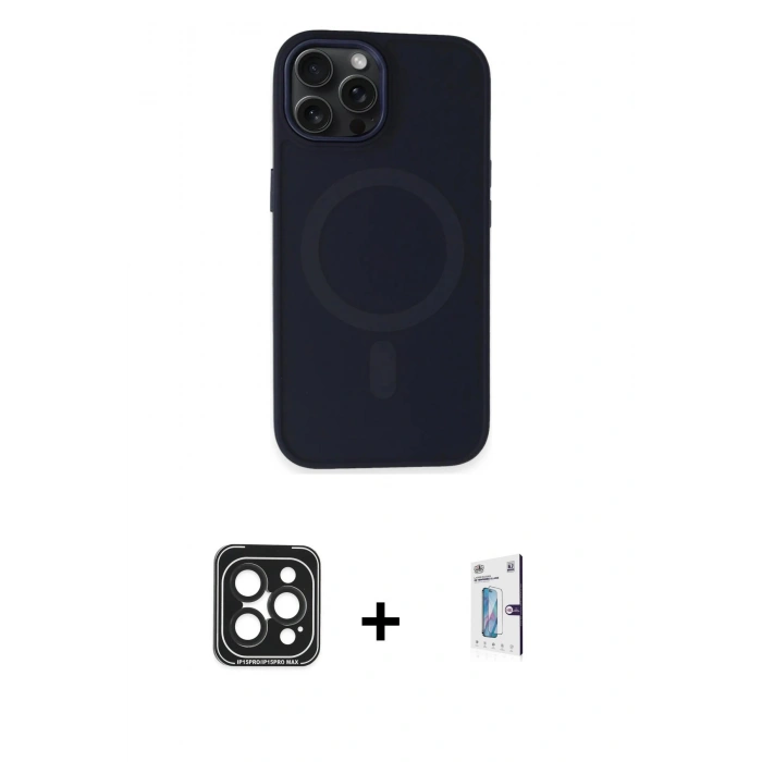 MARSİLYAN™- iPhone 15 Pro Max Kılıf Kutup Serisi - Siyah Bilvis 0.18mm Plus Cam Ekran Koruyucu + Siyah PVD Metal Kamera Lens