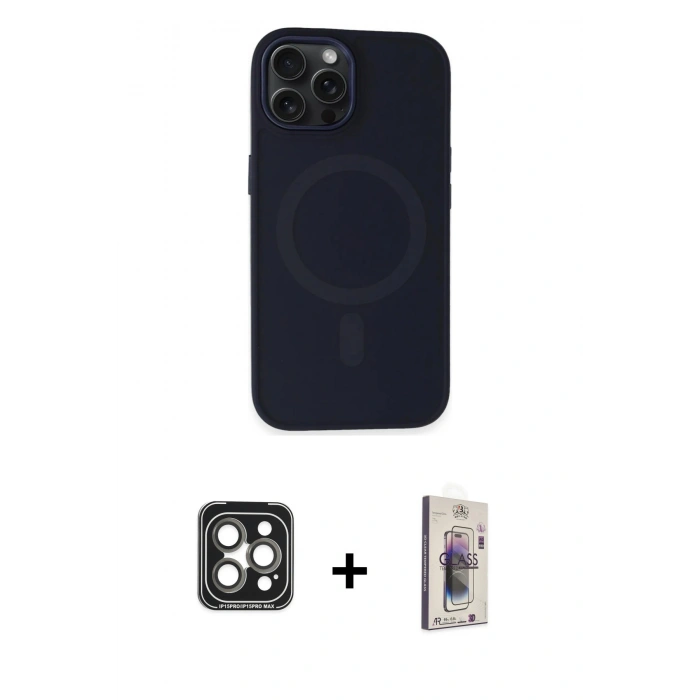 MARSİLYAN™- iPhone 15 Pro Max Kılıf Kutup Serisi - Siyah Bilvis 3D Cam Ekran Koruyucu + PVD Metal Kamera Lens - GI