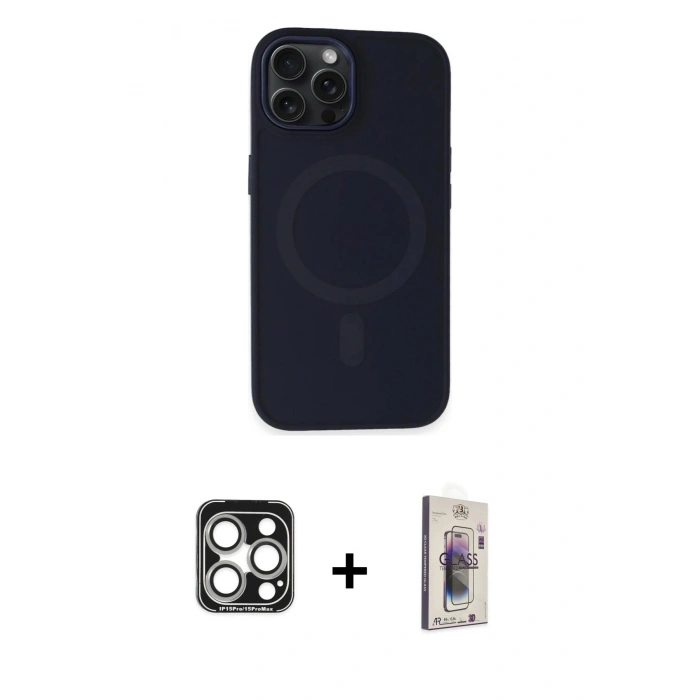 MARSİLYAN™- iPhone 15 Pro Max Kılıf Kutup Serisi - Siyah Bilvis 3D Cam Ekran Koruyucu + PVD Metal Kamera Lens - GS