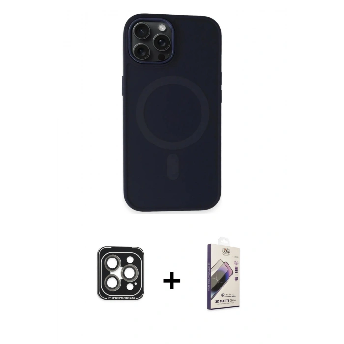 MARSİLYAN™- iPhone 15 Pro Max Kılıf Kutup Serisi - Siyah Bilvis 3D Mat Cam Ekran Koruyucu + PVD Metal Kamera Lens - GI