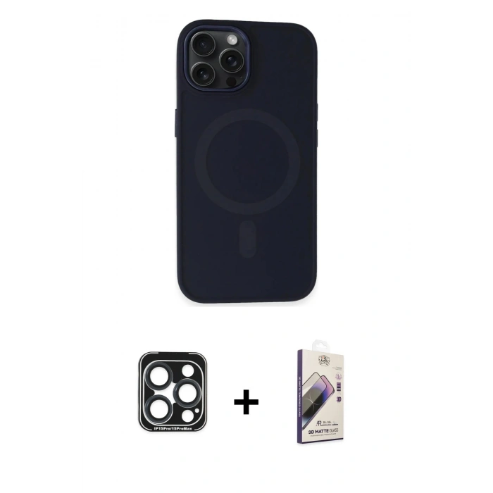 MARSİLYAN™- iPhone 15 Pro Max Kılıf Kutup Serisi - Siyah Bilvis 3D Mat Cam Ekran Koruyucu + PVD Metal Kamera Lens - LT