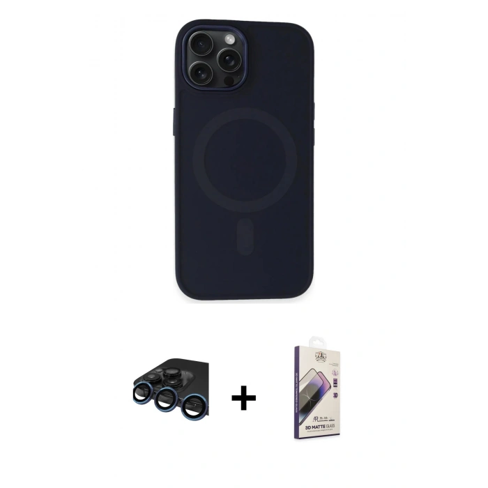 MARSİLYAN™- iPhone 15 Pro Max Kılıf Kutup Serisi - Siyah Bilvis 3D Mat Cam Ekran Koruyucu + Raze Metal Kamera Lens - LT