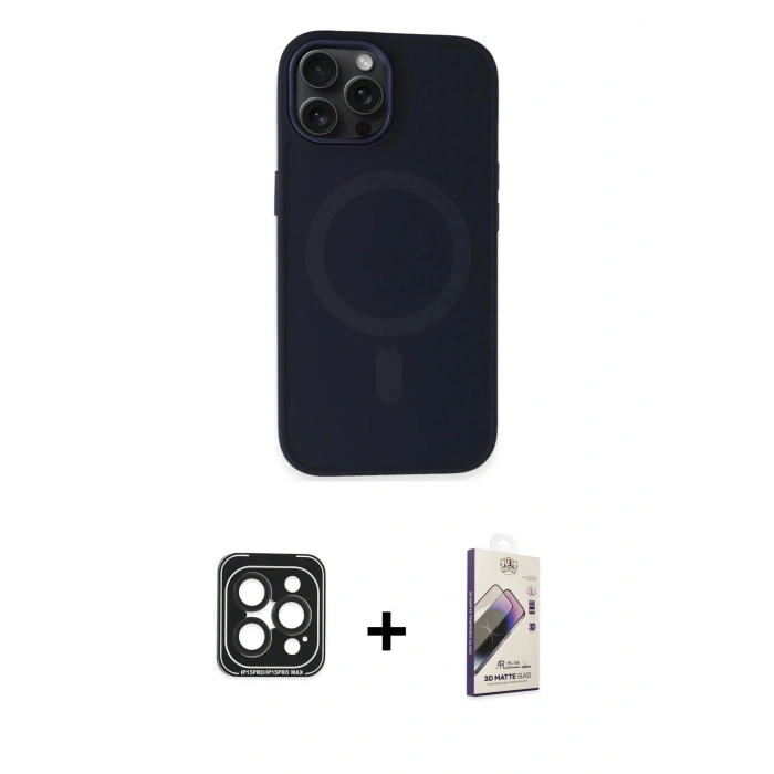MARSİLYAN™- iPhone 15 Pro Max Kılıf Kutup Serisi - Siyah Bilvis 3D Mat Cam Ekran Koruyucu + PVD Metal Kamera Lens - SH