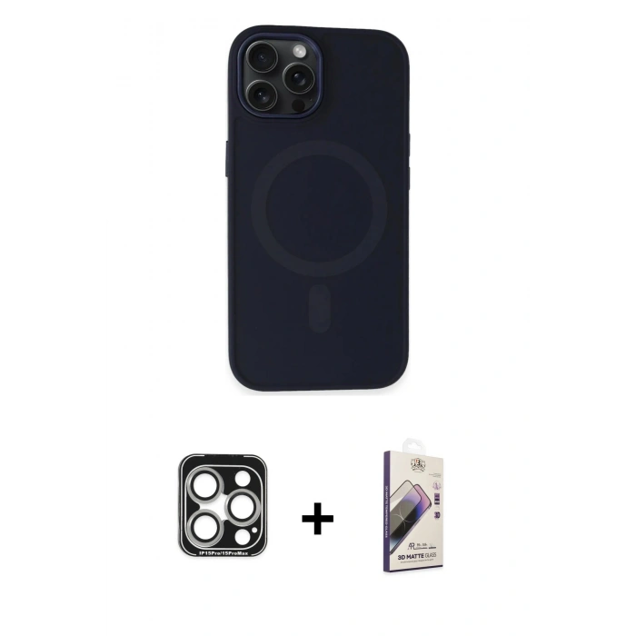 MARSİLYAN™- iPhone 15 Pro Max Kılıf Kutup Serisi - Siyah Bilvis 3D Mat Cam Ekran Koruyucu + PVD Metal Kamera Lens - GS