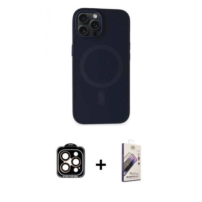 MARSİLYAN™- iPhone 15 Pro Max Kılıf Kutup Serisi - Siyah Bilvis 3D Mat Cam Ekran Koruyucu + Turuncu PVD Metal Kamera Lens