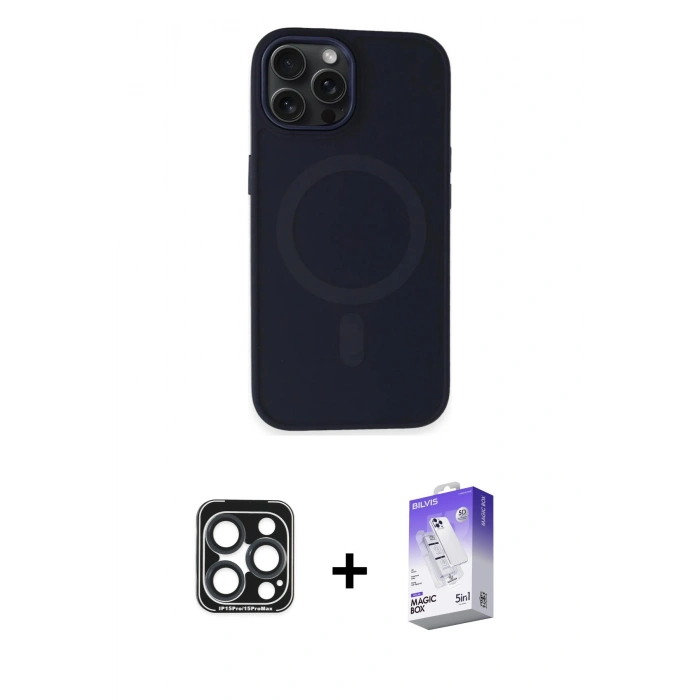 MARSİLYAN™- iPhone 15 Pro Max Kılıf Kutup Serisi - Siyah Bilvis 5in1 3D Magic Cam Ekran Koruyucu + PVD Metal Kamera Lens - LT