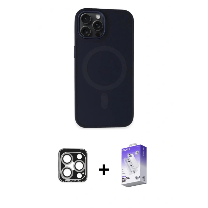 MARSİLYAN™- iPhone 15 Pro Max Kılıf Kutup Serisi - Siyah Bilvis 5in1 3D Magic Cam Ekran Koruyucu + PVD Metal Kamera Lens - GS