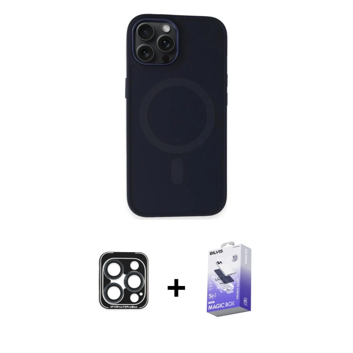 MARSİLYAN™- iPhone 15 Pro Max Kılıf Kutup Serisi - Siyah Bilvis 5in1 5D Magic Hayalet Cam Ekran Koruyucu + PVD Metal Kamera Lens - LT