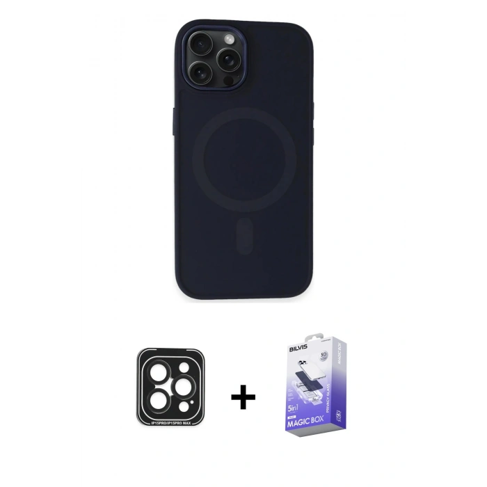 MARSİLYAN™- iPhone 15 Pro Max Kılıf Kutup Serisi - Siyah Bilvis 5in1 5D Magic Hayalet Cam Ekran Koruyucu + PVD Metal Kamera Lens - SH