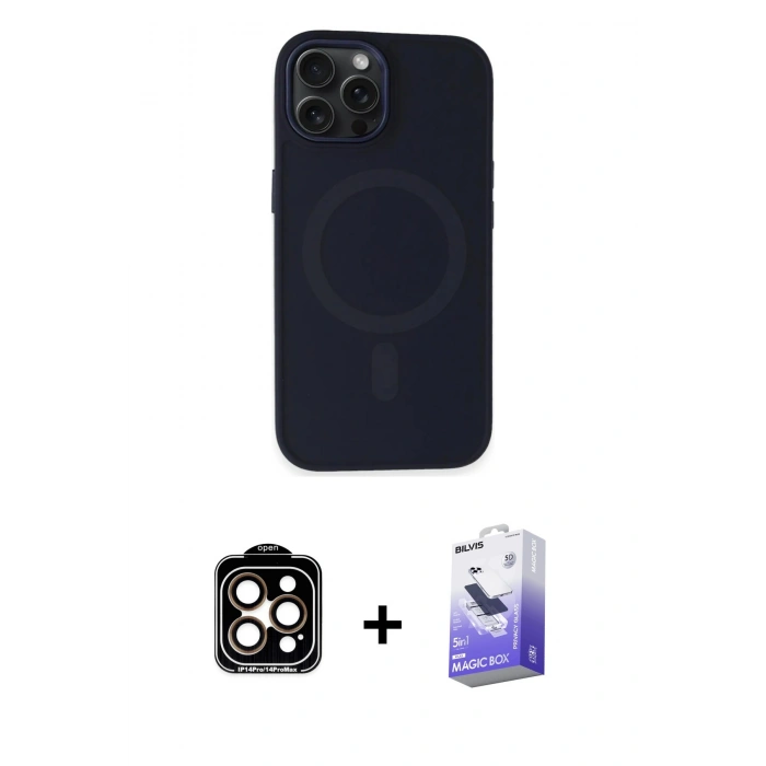 MARSİLYAN™- iPhone 15 Pro Max Kılıf Kutup Serisi - Siyah Bilvis 5in1 5D Magic Hayalet Cam Ekran Koruyucu + Turuncu PVD Metal Kamera Lens