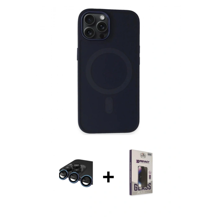 MARSİLYAN™- iPhone 15 Pro Max Kılıf Kutup Serisi - Siyah Bilvis Hayalet Cam Ekran Koruyucu + Raze Metal Kamera Lens - LT