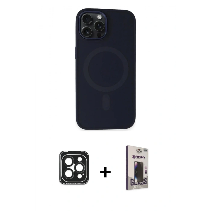 MARSİLYAN™- iPhone 15 Pro Max Kılıf Kutup Serisi - Siyah Bilvis Hayalet Cam Ekran Koruyucu + PVD Metal Kamera Lens - SH