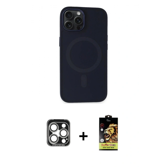 MARSİLYAN™- iPhone 15 Pro Max Kılıf Kutup Serisi - Siyah Buffer Cam Ekran Koruyucu + PVD Metal Kamera Lens - GS