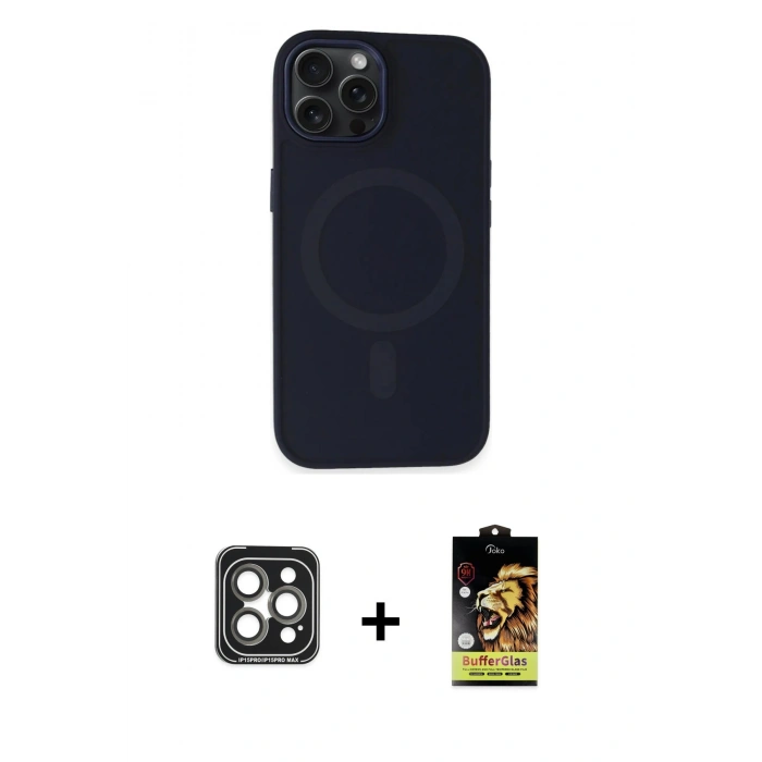 MARSİLYAN™- iPhone 15 Pro Max Kılıf Kutup Serisi - Siyah Buffer Cam Ekran Koruyucu + PVD Metal Kamera Lens - GI
