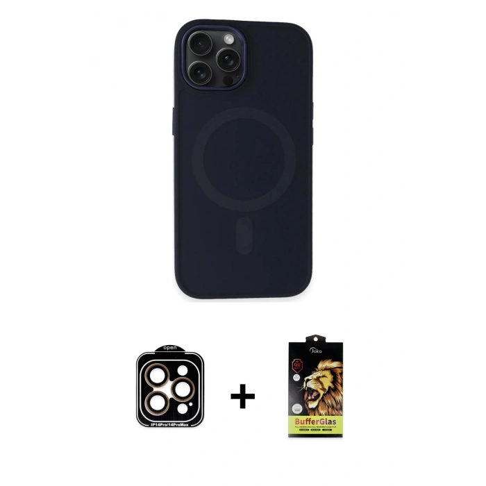 MARSİLYAN™- iPhone 15 Pro Max Kılıf Kutup Serisi - Siyah Buffer Cam Ekran Koruyucu + PVD Metal Kamera Lens - TU