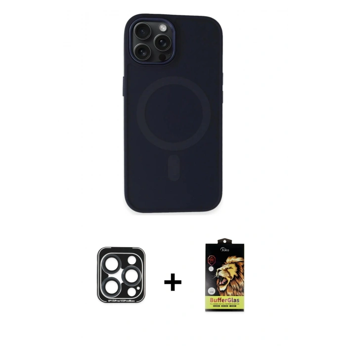MARSİLYAN™- iPhone 15 Pro Max Kılıf Kutup Serisi - Siyah Buffer Cam Ekran Koruyucu + PVD Metal Kamera Lens - LT